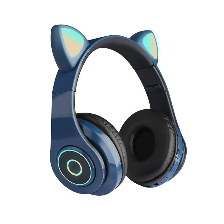 Casti wireless Bluetooth cu urechi de pisica, lumini LED RGB, pliabile, albastre