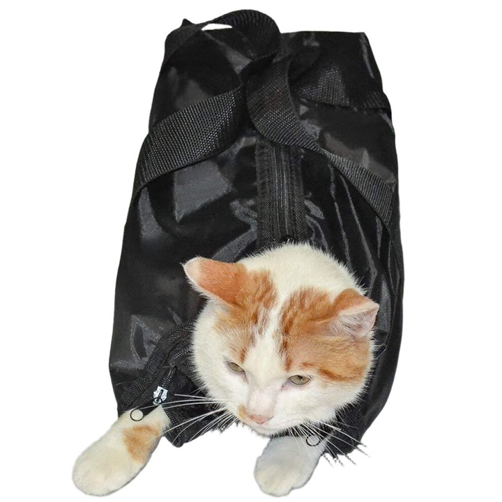 Sac pentru baie si ingrijire pisici, plasa respirabila, cu fermoar si maner, 40x30cm