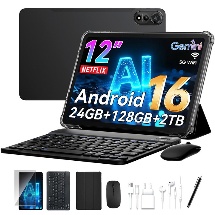 Tableta N90 Android 16 Noua TabletA, 12 inch Tableta 2K FHD +, Tableta Android cu tastatura, 5G WiFi, 24GB (6 + 18 ) RAM + 128GB ROM / 2TB, Face ID, 9000 mAh, 4 ani de garantie, Widevine L1, OTG, 1217-BOX, Case&Pen, Gris