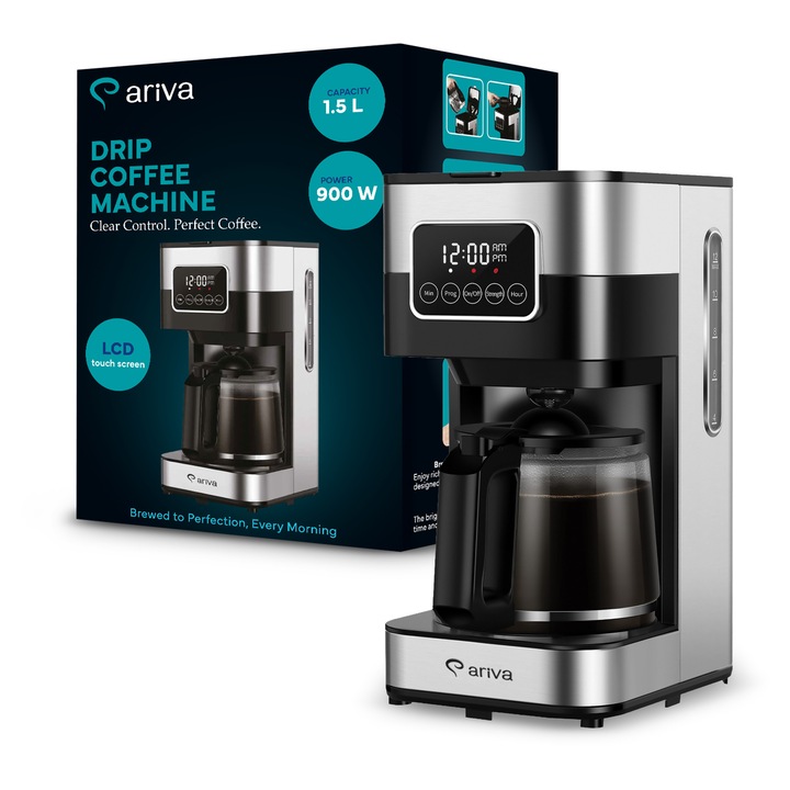 Cafetiera programabila Ariva, 900W, Capacitate 1.5L, 10 cesti cafea, Ecran tactil LCD, Timer 24H, Filtru reutilizabil, Mentinere la cald 2 ore, 2 niveluri intensitate, Sistem Anti-Drip, Oprire automata, Carafa din sticla, Inox/Negru