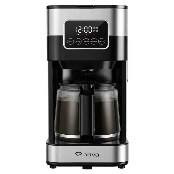 Cafetiera Ariva cu ecran tactil LCD, 900 W, Capacitate 1.5 L, Timer 24H, Mentinere la cald, Sistem Anti-Drip, Inox/Negru