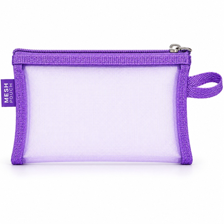 Penar din Plasa cu Fermoar 22x12 cm, 1 Compartiment, Transparent, Organizator Rechizite, Borseta Documente, Portfard Cosmetic, Penar Scolar, Accesorii Birou, Mov deschis
