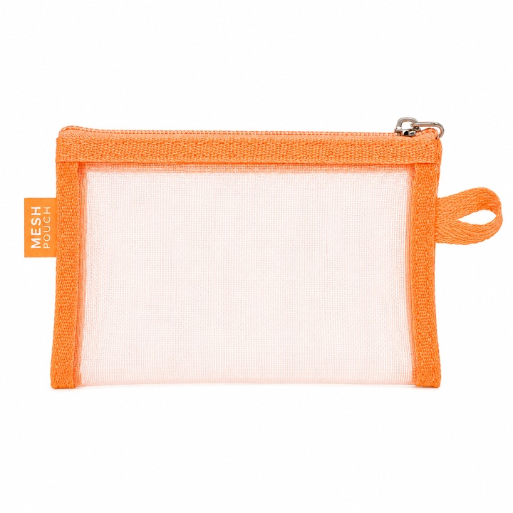 Penar din Plasa cu Fermoar 22x12 cm, 1 Compartiment, Transparent, Organizator Rechizite, Borseta Documente, Portfard Cosmetic, Penar Scolar, Accesorii Birou, Portocaliu deschis