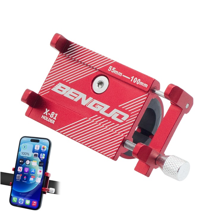 Suport telefon, Bengud pentru trotineta electrica, metalic, model X81, reglabil 55-100 mm, Rosu