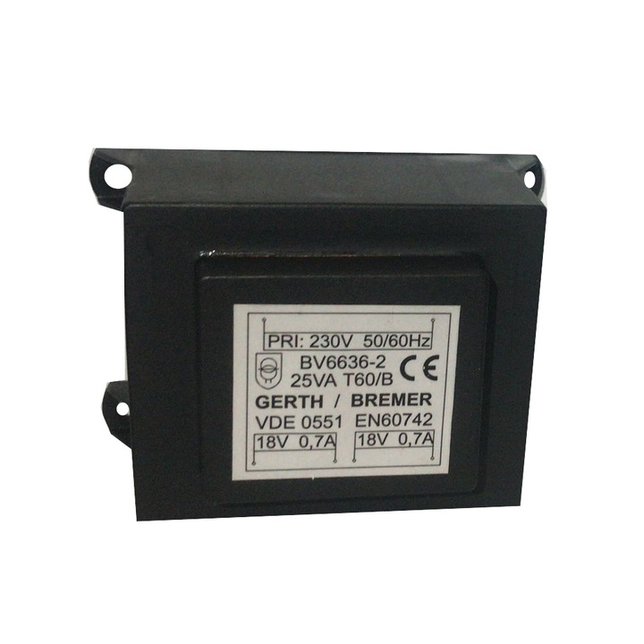 Transzformátor NYÁK GERTH BREMER BV6636-2, 230V/2x18V, 25VA, dupla kimenet, VDE, EN60742