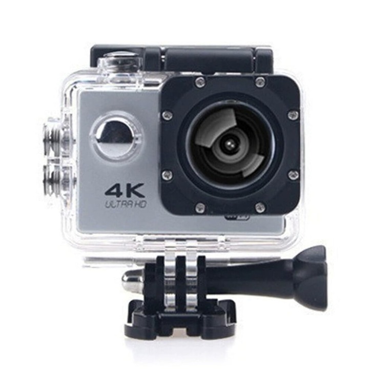 Спортна видеокамера 4K 30fps, електронна стабилизация, WiFi, сребриста, комплект аксесоари за каска за велосипед