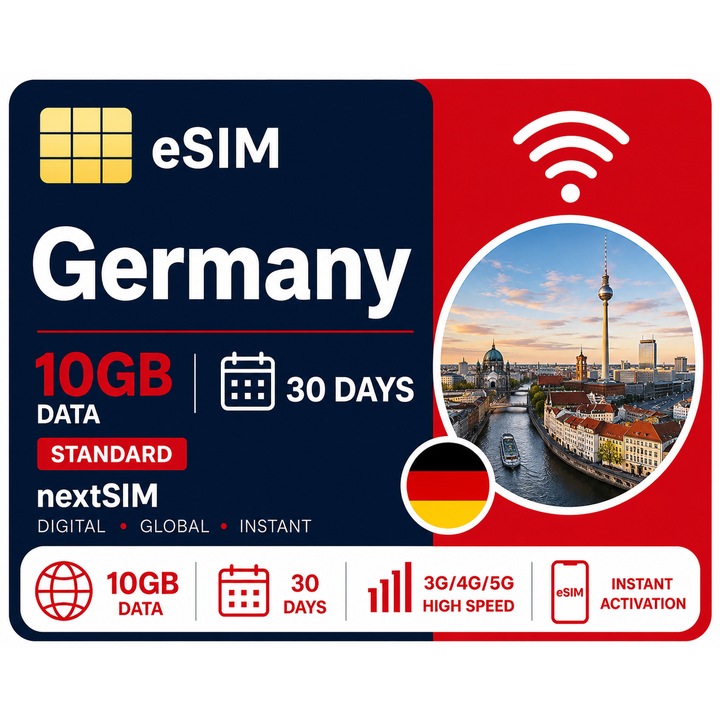 Cartela Pre-paid NextSIM eSIM Germania, 10GB Internet Mobil 30 Zile, Activare Instanta, 3G/4G/5G, Fara Contract