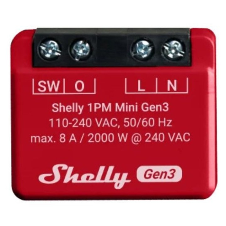 Releu inteligent 1 canal 8A, Shelly Plus 1PM MINI GEN3, 240VAC, Wi-Fi, Bluetooth