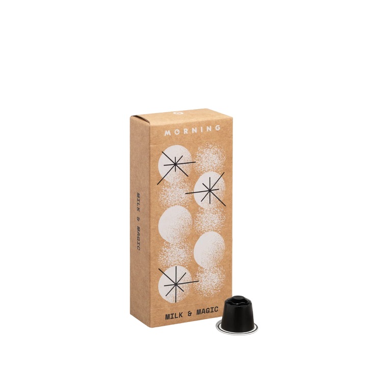 Cafea capsule Nespresso premium MORNING, Milk & Magic, cafea de specialitate, note ciocolata neagra si nuci pecan, amestec Arabica si Robusta, 10 capsule