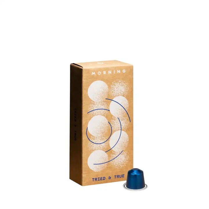 Cafea capsule Nespresso premium MORNING, Tried & True, cafea de specialitate, note ciocolata cu lapte, prune si vanilie, 100% Arabica, dulceata naturala pronuntata, 10 capsule