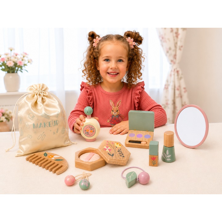 Trusa de machiaj de joaca, set kit makeup Montessori din lemn, Arelair Magic Box®, 11 piese cu saculet depozitare, oglinda, farduri, pieptene, oja, parfum si accesorii de par, multicolor pastel, jucarie educativa pentru joc de rol, cadou fete 3+ ani