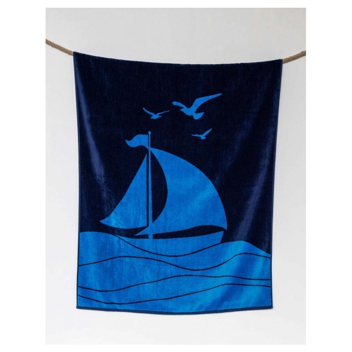 Prosop de plaja Sailing Boat, velur cu fire vopsite, 100 x 180 cm, Olima OLV4060, Navy/Venice Blue, 100X180