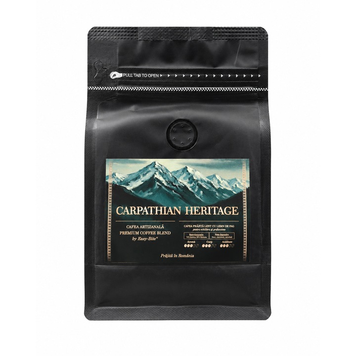 Kézműves szemes kávé 250g Carpathian Heritage Blend, 70% Arabica / 30% Robusta, közepes pörkölésű, visszazárható csomagolás