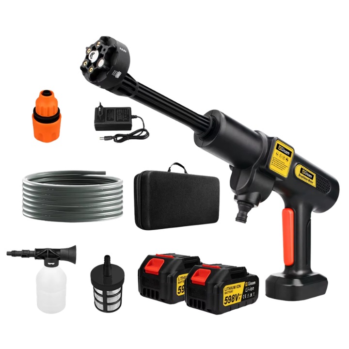 Aparat electric de spalat cu presiune, motor fara perii, pistol de apa 6-in-1, 2 baterii