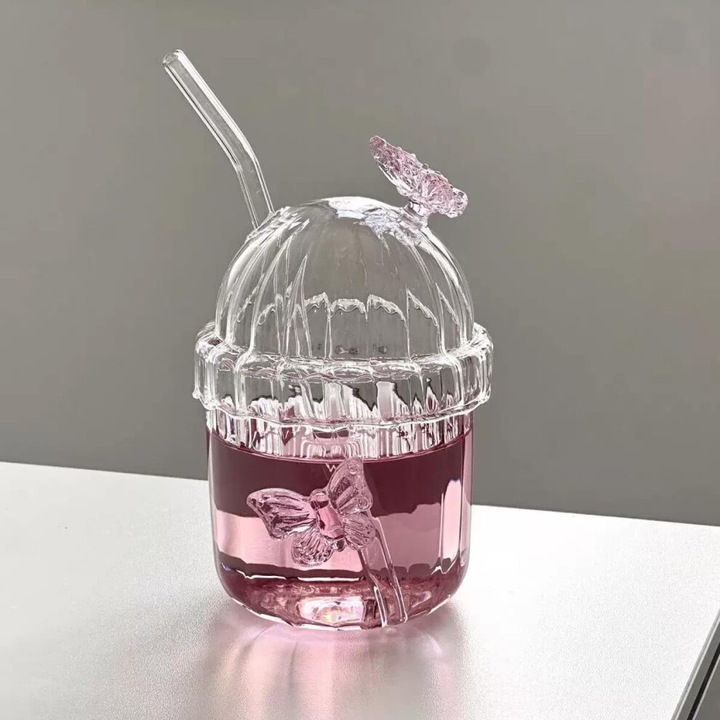 Rózsaszín pillangós boroszilikát üveg pohár szett, 300ml, tetővel és szívószállal