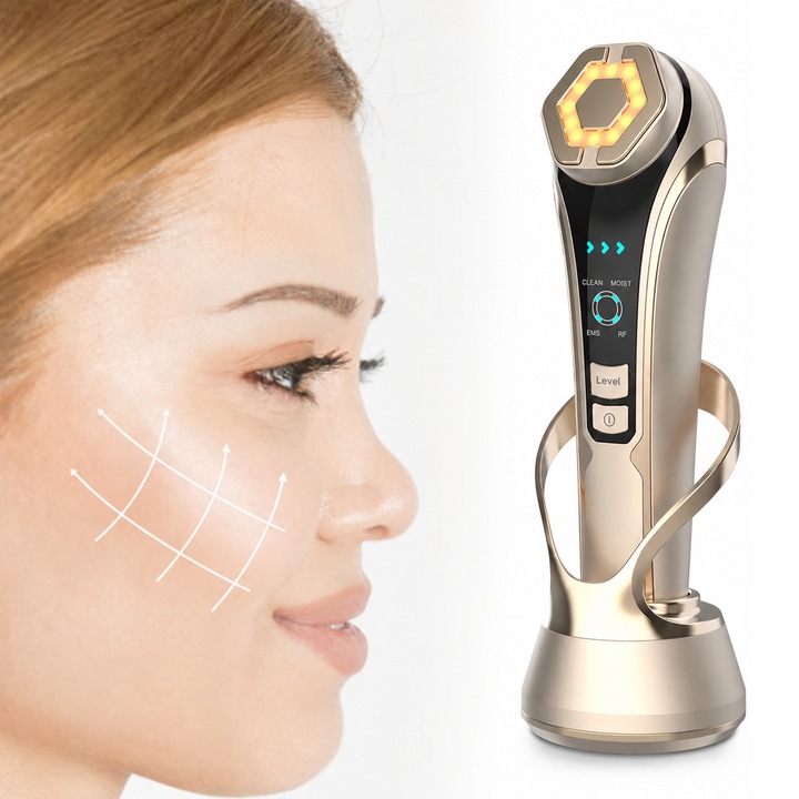 GlowPulse Pro™ Dispozitiv 4-in-1 RF si EMS de Sculptare Faciala: RF, EMS, Fototerapie Rosu/Albastru, Curatare Ionica, Mezoterapie, Lifting Anti-Rid si Masaj Facial