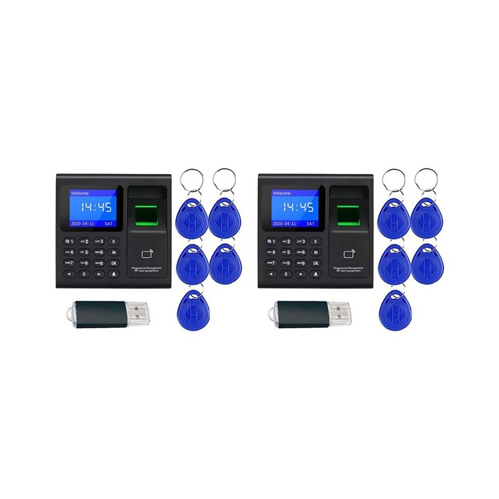 Set 2 Ceas Pontaj cu Amprenta RFID si PIN, Negru, 10x8x3cm
