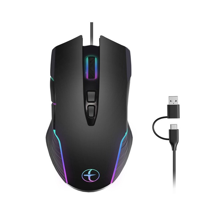 Ergonomikus vezetékes egér, 7200 DPI, fekete, USB C és USB, 7 gomb