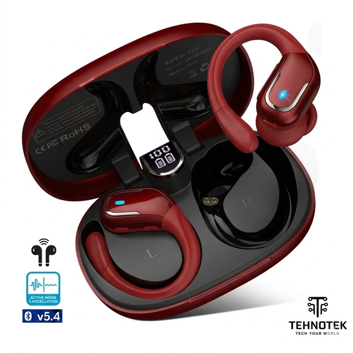 Casti wireless Sport TehnoTek, Bluetooth 5.4, Alergare, USB Type C, Microfon Handsfree, Pentru telefon, Control tactil, Rezistente la transpiratie, Rezistente la apa, Sport, Universale, GymBuds, Culoare Rosu