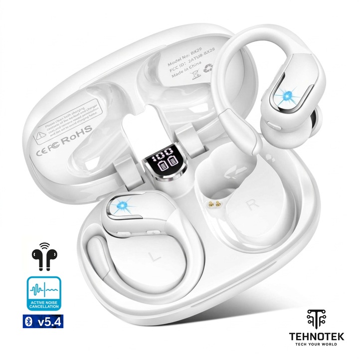 Casti wireless Sport TehnoTek, Bluetooth 5.4, Alergare, USB Type C, Microfon Handsfree, Pentru telefon, Control tactil, Rezistente la transpiratie, Rezistente la apa, Sport, Universale, GymBuds, Culoare Alba
