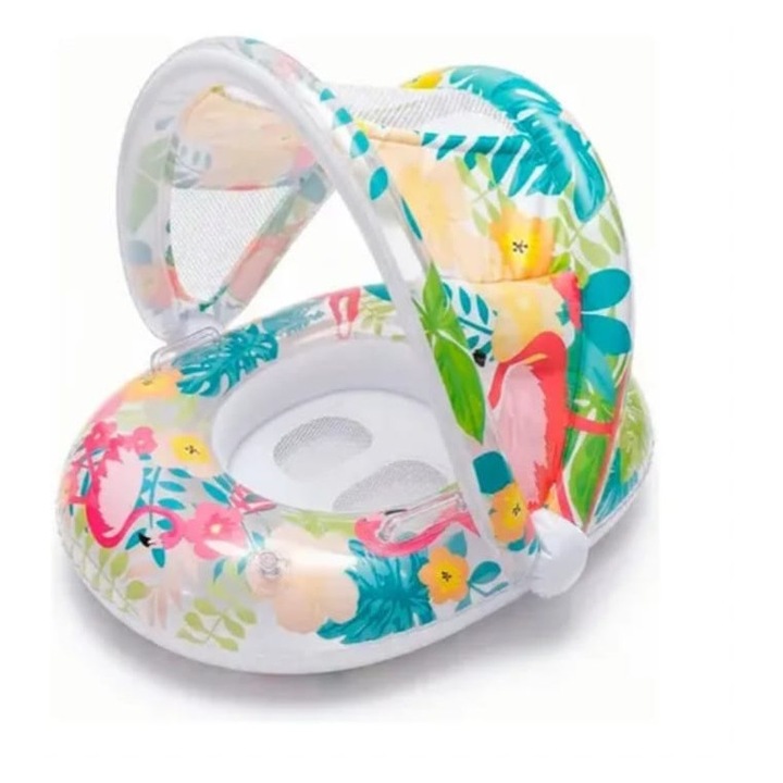 Colac gonflabil copii, model Flamingo, cu chilotel si parasolar, multicolor, 70 cm, 1 an+