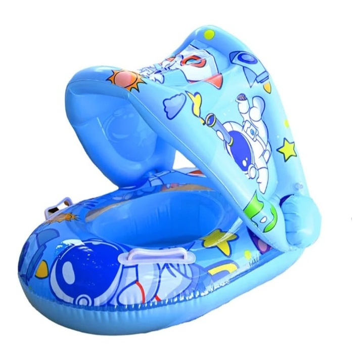 Colac gonflabil copii, model Cosmonaut, cu chilotel si parasolar, albastru, 70 cm, 1 an+