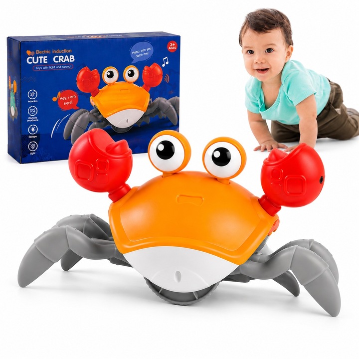 Crab Interactiv Reincarcabil, Jucarie Electronica cu Senzor de Miscare, Lumini si Sunete, Evita Obstacolele, Mers Automat, USB, Dezvoltare Motricitate si Coordonare, 23x14x11 cm, Portocaliu, Jucarie Educativa pentru Copii si Bebelusi