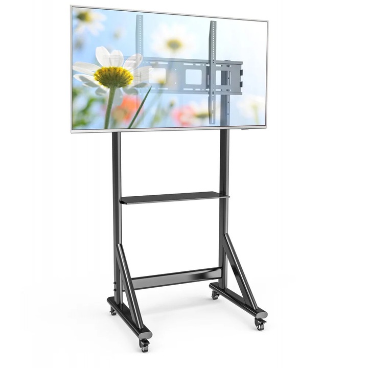 Stand / Suport TV profesional ELTEK®, mobil, reglabil inaltime, diagonala 55”–100” (140cm–254cm), raft echipamente integrat, greutate maxima sustinuta 120 kg, VESA maxim 1200 × 600, otel, negru