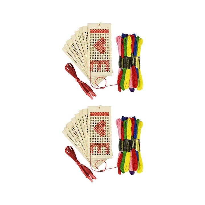 Set 16 semne de carte din lemn, broderie, multicolor, 6x13x0.2cm