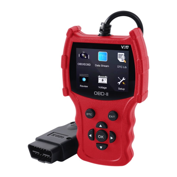 Scaner OBD2 cititor coduri V317, diagnostic auto OBD II/EOBD, afisaj color, suport DTC si citire flux date, rosu, 1 buc