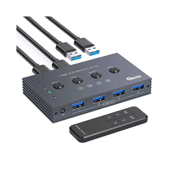 USB 3.0 kapcsoló, 4 portos, fekete, 4x USB 3.0 kábel, távirányító, 5V