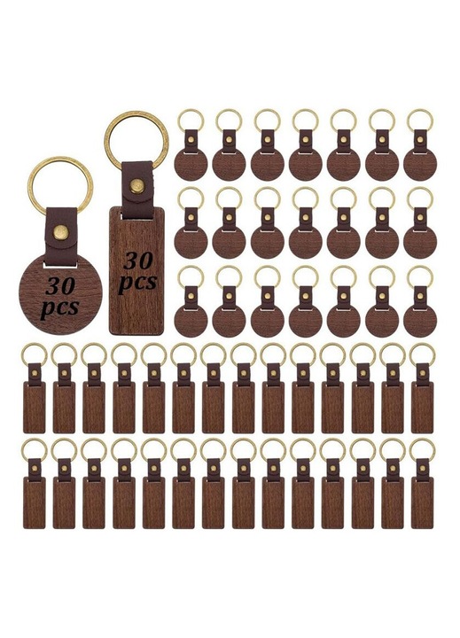 60 db diófa kulcstartó szett, téglalap alakú és kerek, 6x2.8cm és 3.8cm átmérőjű