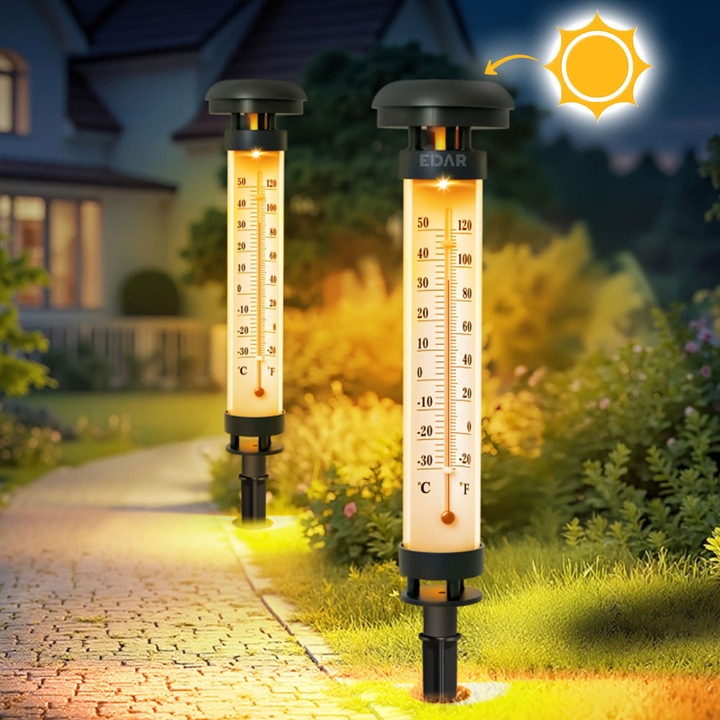2 db EDAR Dekoratív Szolár Kerti Lámpa Hőmérővel, Leszúrható, Meleg Fehér LED Hangulatfény, Celsius és Fahrenheit Hőmérséklet, Víz- és Időjárásálló, Fekete/Fehér