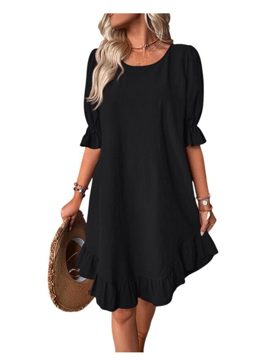 Rochie casual negru cu maneci bufante si croiala lejera