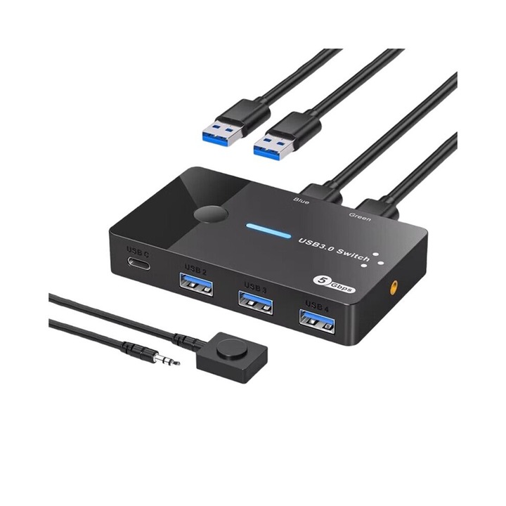 KVM kapcsoló USB3.0 2x4, fekete, 5V/2A, kábelek mellékelve