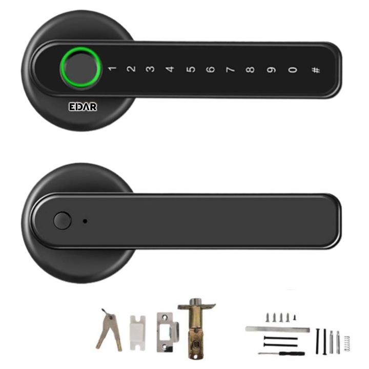 Yala inteligenta EDAR, cu WiFi Pentru Usa din Lemn sau Aluminiu, Smart Lock cu Amprenta, Parola, Card RFID, Aplicatie si Cheie Mecanica, SMARTL02, Negru