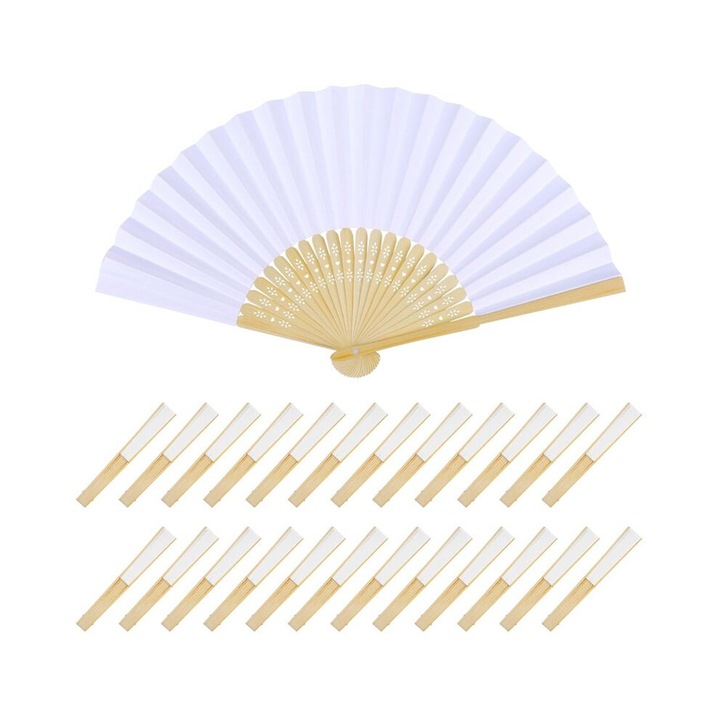 Set 24 evantaie albe din hartie si lemn, pliabile, 21x38cm, pentru nunti si petreceri