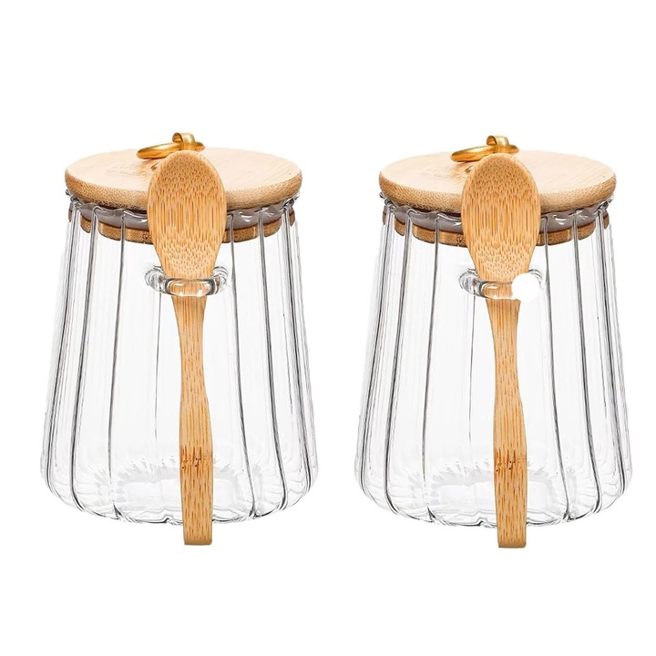 Set 2 borcane din sticla, AFKSMILE, Recipient depozitare in Bucatarie, 700 ml, Conic, Suprafata Exterioara Striata, Capace cu garnitura din silicon, Cu lingurita din lemn, Impermeabil, Pentru zahar, cafea, ceai sau condimente, 10*8*12.5cm, Transparent
