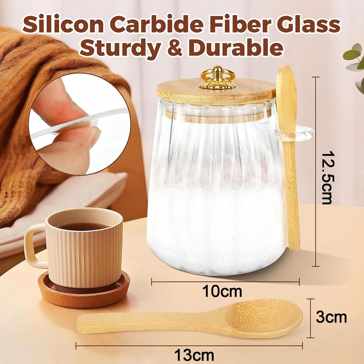 Set 2 borcane din sticla, AFKSMILE, Recipient depozitare in Bucatarie, 700 ml, Conic, Suprafata Exterioara Striata, Capace cu garnitura din silicon, Cu lingurita din lemn, Impermeabil, Pentru zahar, cafea, ceai sau condimente, 10*8*12.5cm, Transparent