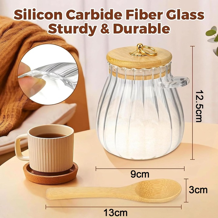 Set 2 borcane din sticla, AFKSMILE, Recipient depozitare in Bucatarie, 700 ml, Rotund, Suprafata Exterioara Striata, Capace cu garnitura din silicon, Cu lingurita din lemn, Impermeabil, Pentru zahar, cafea, ceai sau condimente, 9*8*12.5cm, Maro