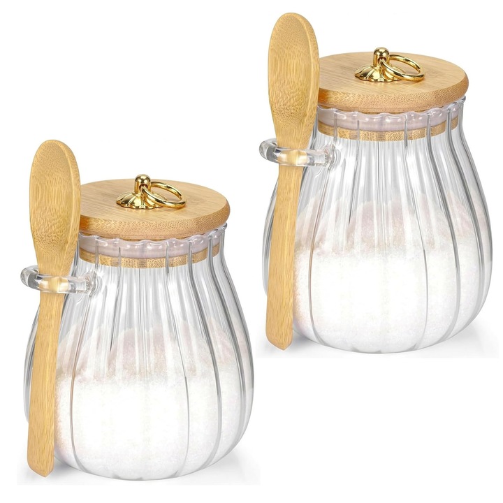 Set 2 borcane din sticla, AFKSMILE, Recipient depozitare in Bucatarie, 700 ml, Rotund, Suprafata Exterioara Striata, Capace cu garnitura din silicon, Cu lingurita din lemn, Impermeabil, Pentru zahar, cafea, ceai sau condimente, 9*8*12.5cm, Maro