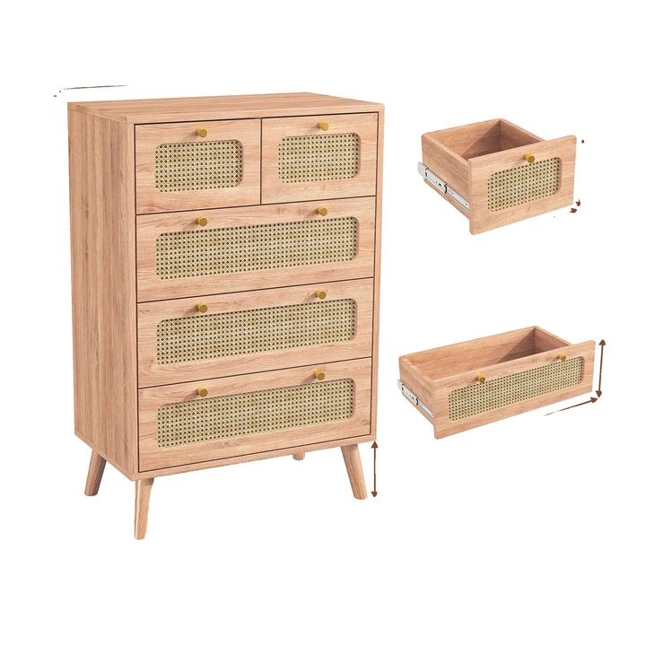 Komód, 5 fiókos, fa rattan előlapokkal, modern minimalista, 80x40x90cm