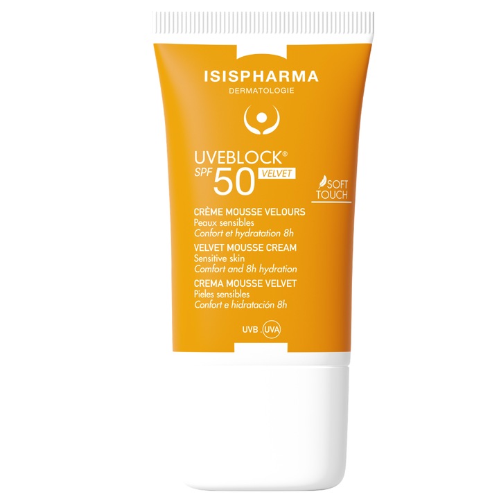 Crema protectie solara Isispharma Uveblock Velvet, SPF 50, textura crema-spuma, finish invizibil, unisex