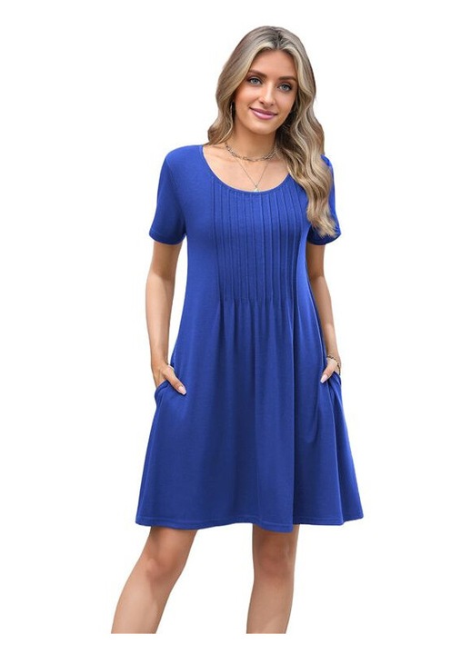 Rochie casual femei albastru lejer maneca scurta buzunare