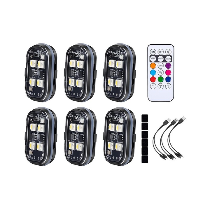 6 db vezeték nélküli LED stroboszkóp lámpa szett, 8 szín, fekete, 4xLED, 350mAh, USB Type-C, vízálló