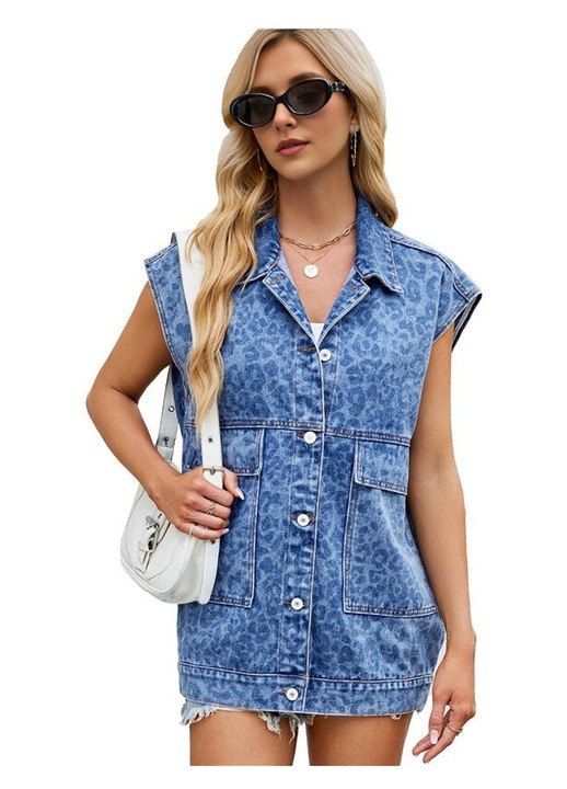 Vesta dama, denim, supradimensionata, model leopard, 2 buzunare, albastru, XS INTL