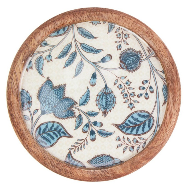 4 db poháralátét készlet, Koopman, mangófa csészéhez és pohárhoz, kék mintával, asztalvédelem, boho design, ideális nappaliba és konyhába, elegáns és tartós, átmérő 10 cm, barna/kék