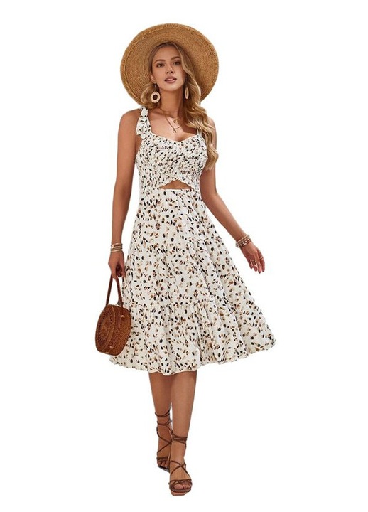 Rochie de vara, decolteu in V, modele florale, culoare caisa, material premium, set 1 buc.