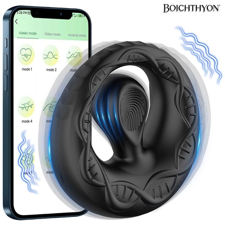 Inel penian vibrant, Boichthyon®, telecomanda APP, inel penian cu 9 moduri de masaj prostatic, conceput pentru erectia masculina si stimularea clitoridiana, ambalaj de confidentialitate, silentios
