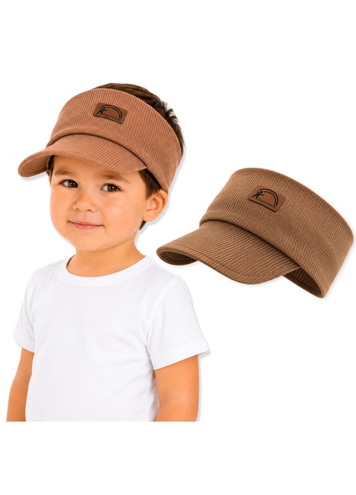Dartomik, Bentita cu viziera din bumbac, cu structura reiata, elastica, protectie pentru urechi, Cappuccino, 52-56 cm